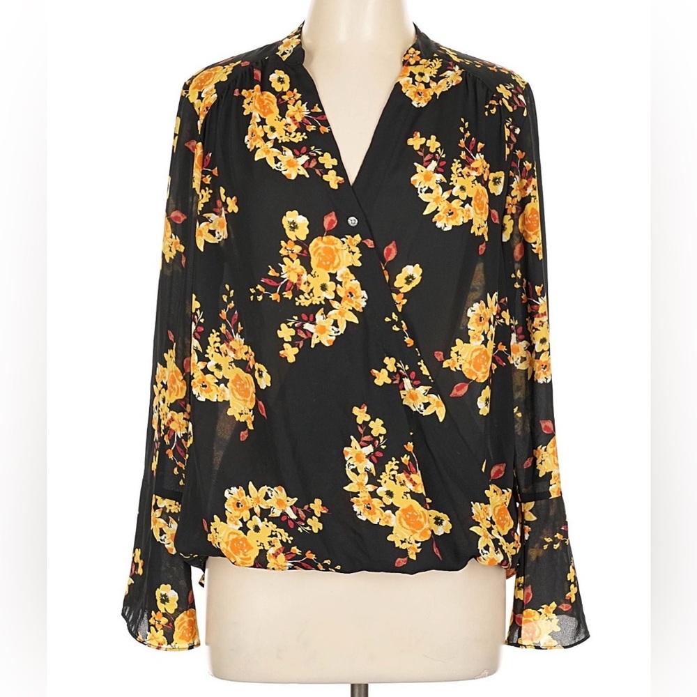 INC international concepts Black & Yellow Floral Blouse Sz. M